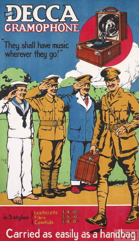 AN ADVERTISING POSTER FOR THE DECCA GRAMOPHONE SHOWING AN OFFICER IN BRITISH UNIFORM carrying the gramophone and walking past a bare-foot sailor from 'HMS Mars' and two soldiers, one in khaki uniform. The other soldier wears 'Hospital Blues' - the blue, red and white uniform worn by soldiers in Military Hospitals and while convalescing. Artefact © IWM. IWM catalogue PST 13691. Original image source https://www.iwm.org.uk/collections/item/object/31665